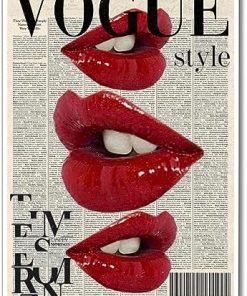 Fashion Canvas Wall Art, Trendy Preppy Red Lips Room Aesthetic Poster, Funky Magazine Cover Art, Groovy Posters for College Girls, Girly Summer House Bedroom Decor 12x16in Unframed