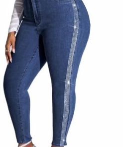 Womens High Waisted Stretch Skinny Jean Plus Size Side Rhinestone Denim Pants