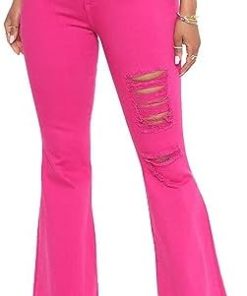 vunahzma Women's Bell Bottom Jeans Elastic Waist Ripped Flared Jeans Denim Bell Bottom Plus Size Pants